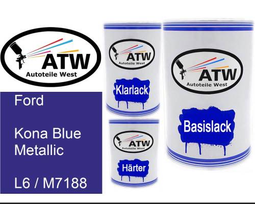Ford, Kona Blue Metallic, L6 / M7188: 500ml Lackdose + 500ml Klarlack + 250ml Härter - Set, von ATW Autoteile West.
